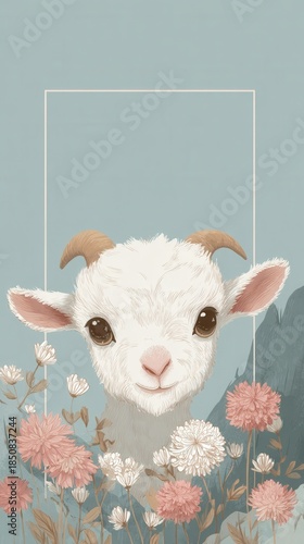 A cute goat is surrounded by flowers and a white frame