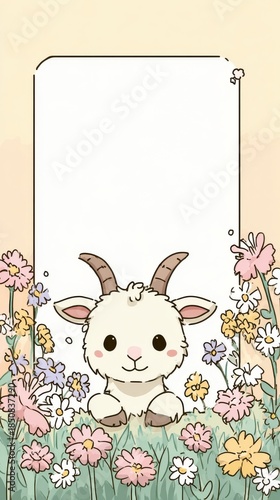 A cute goat is sitting in a field of flowers