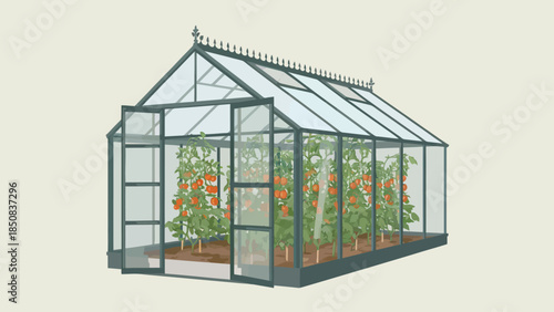 Greenhouse with tomato plants growing indoors
