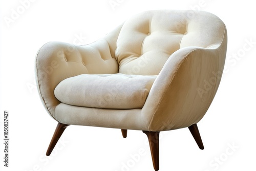 A vintage armchair with a tufted backrest and wooden legs, set against a backdrop of a serene lake and lush greenery.