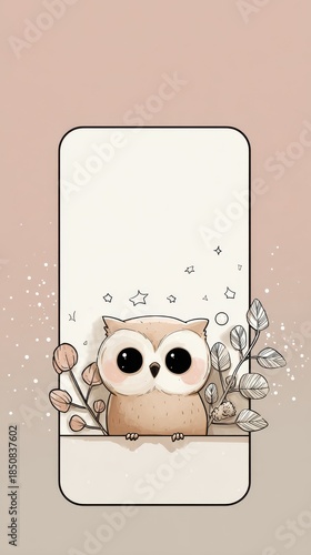 A cute cartoon owl is sitting on a white background with leaves and stars