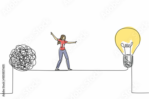Single continuous line drawing a woman walks on tightrope between a big tangled ball and a lightbulb. Struggle to find a brilliant solution National Creativity Day. One line design vector illustration