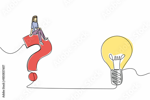 Continuous one line drawing a woman sitting on a big question mark symbol and a light bulb. Reliable analyst problem solver. Smart. National Creativity Day. Single line draw design vector illustration