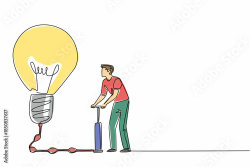 Single one line drawing a man in casual clothes pumping large lightbulb and air bubbles in the hose. Stimulate creative thinking. National Creativity Day. Continuous line design graphic illustration