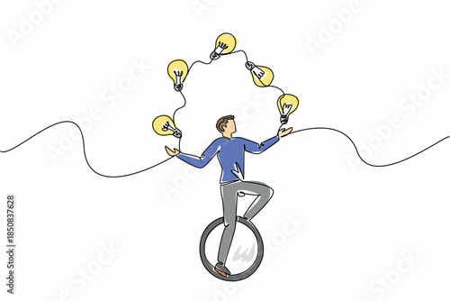 Single one line drawing a man in casual clothes riding unicycle and juggling 5 light bulbs. Train balance and creativity. Creative. National Creativity Day. Continuous line design graphic illustration