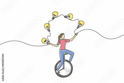 Continuous one line drawing a woman in casual clothes riding unicycle and juggling 5 light bulbs. Sharpen brain by playing balance. National Creativity Day. Single line draw design vector illustration