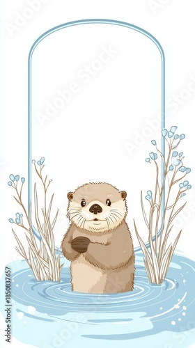 A cute otter is standing in a body of water, holding a ball in its mouth