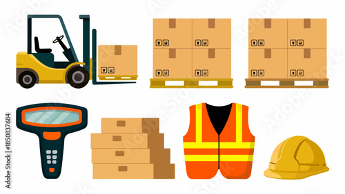 Warehouse Equipment and Safety Gear Illustration Set