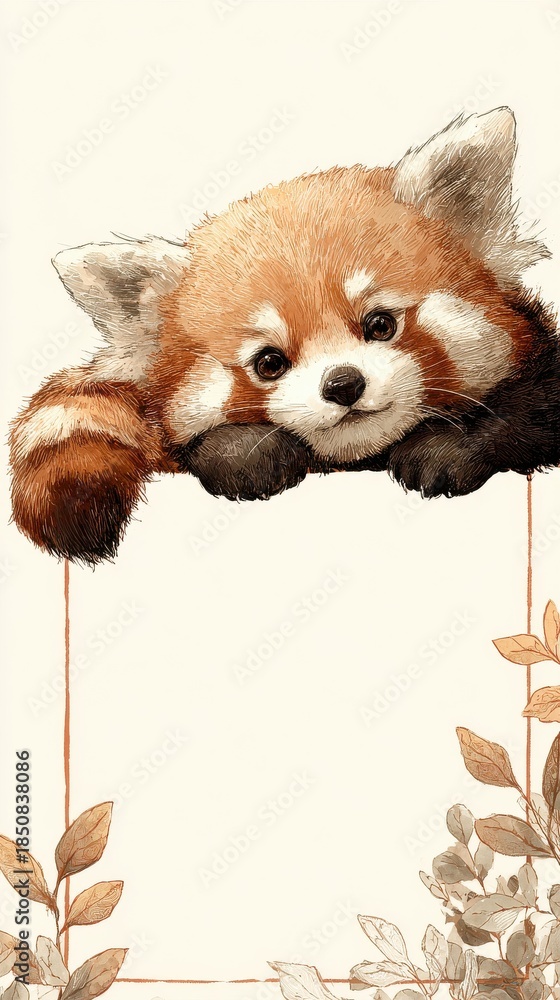 Obraz premium A cute red panda bear is laying on a white background with a frame