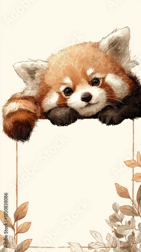 A cute red panda bear is laying on a white background with a frame