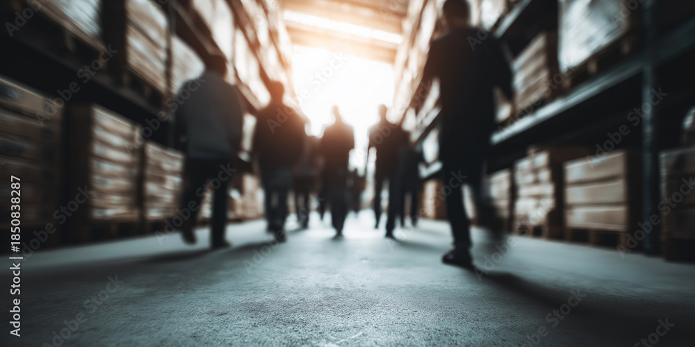 Fototapeta premium Warehouse workers walking towards light, moving forward with logistics and supply chain operations
