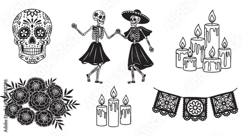 Dia de los Muertos celebration with traditional skeleton figures candles flowers and decorative banners