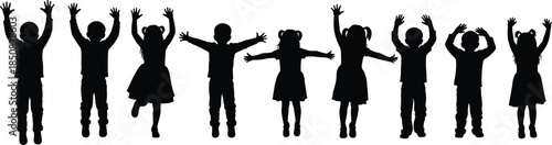 Large group of happy children silhouettes jumping and raising hands in celebration isolated on white background for school projects and youth community events