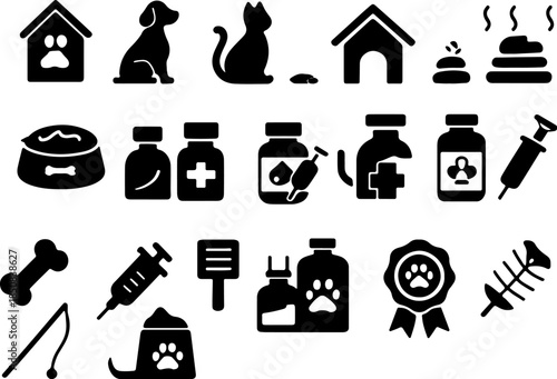 Pet Care Icons – Veterinary & Animal Hygiene Silhouette Set