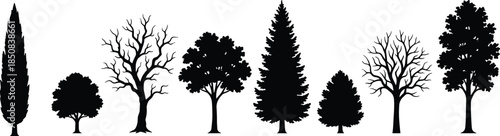 Set of diverse black tree silhouettes including pine, cypress, deciduous, and bare winter branches isolated on white background for nature landscape vector design