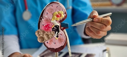 Tableau sur toile Doctor holds a plastic mock-up of a human kidney, closeup