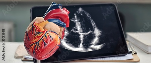 Quadro su tela Model of a human heart with echocardiogram displayed on a tablet