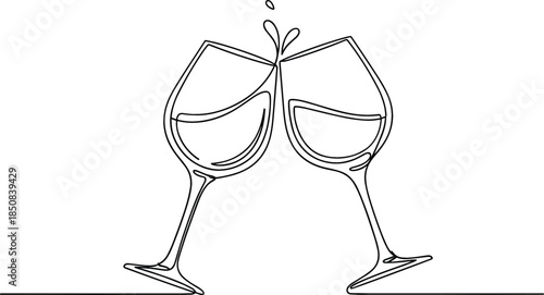 Minimalist continuous line drawing of two wine glasses clinking in a toast celebration vector art isolated illustration.