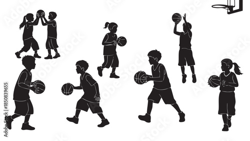 Children Playing Basketball Isolated on Transparent Background