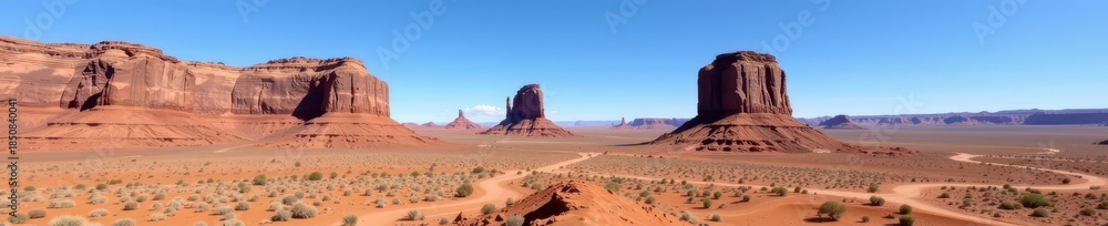 Fototapeta premium Vast desert landscape with towering sandstone formations under a clear blue sky, outdoor, travel