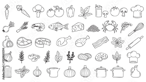 Collection of handdrawn culinary ingredients and kitchen utensils