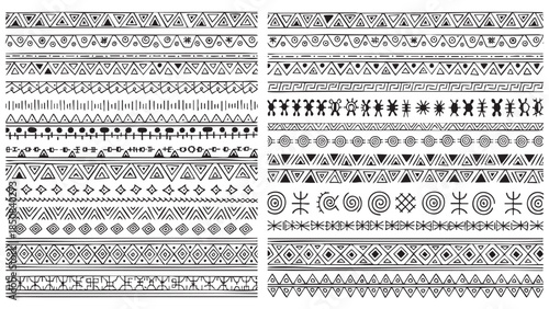 Collection of intricate black and white geometric tribal patterns for backgrounds and design elements