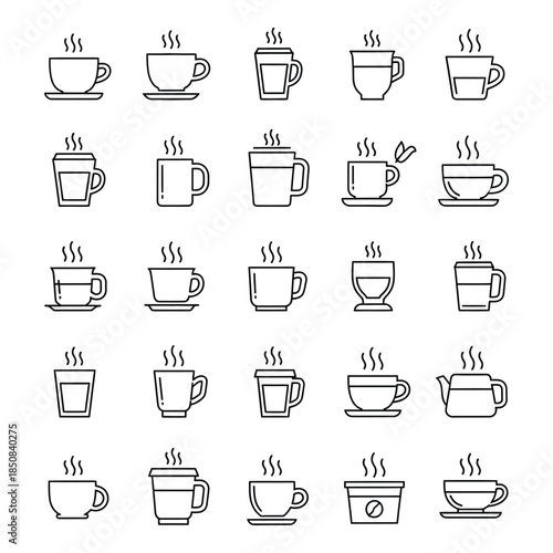 Collection of various line art hot beverage cups and mugs