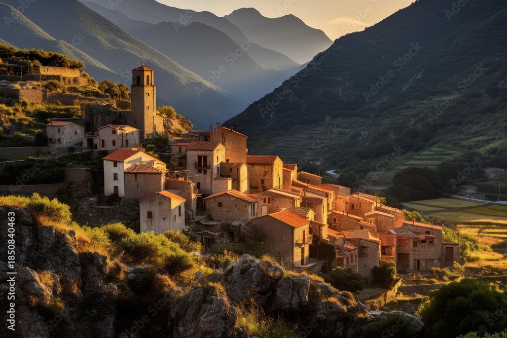 Obraz premium Golden light of setting sun illuminating ancient stone village nestled on corsican mountainside, highlighting church steeple