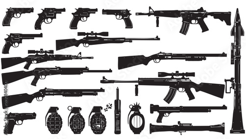 Collection of Silhouettes of Various Firearms and Explosive Devices