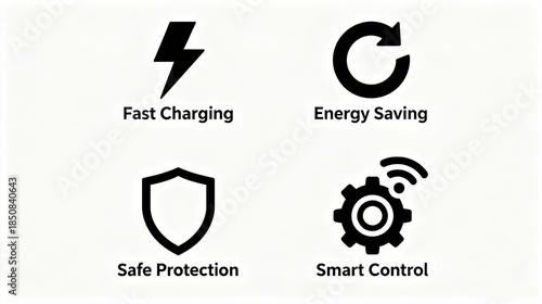 Elements such as fast charging and energy saving represent the electronic characteristics of safety protection and intelligent control, and are suitable for electronic promotional materials.
