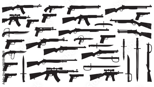 Collection of Various Firearms and Weapons Isolated on Transparent Background
