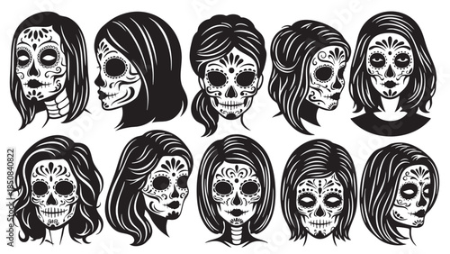 Collection of women with sugar skull face paint for halloween celebration