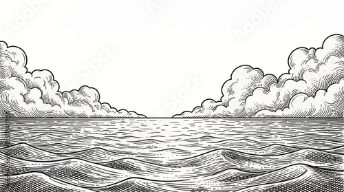 calm sea horizon with gentle waves, clean linework, and balanced composition, evoking silence, openness, and timeless coastal atmosphere