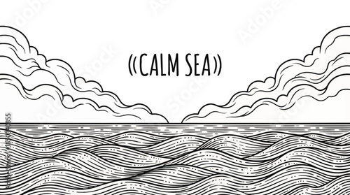 calm sea horizon with gentle waves, clean linework, and balanced composition, evoking silence, openness, and timeless coastal atmosphere