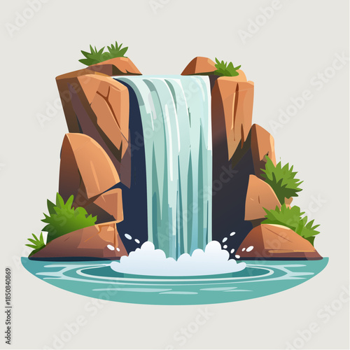 Cartoon illustration of a waterfall cascading over rocks into a pool of water, surrounded by greenery.