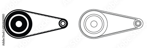 Timing belt and pulley system components in black and white