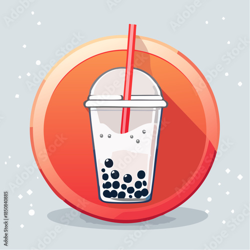 Illustration of a bubble tea drink with a red straw in a plastic cup.