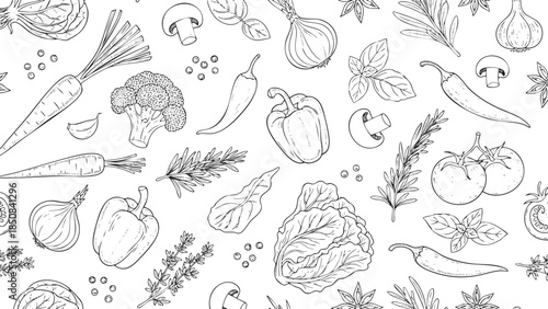 Fresh Vegetables and Herbs Illustration on Transparent Background