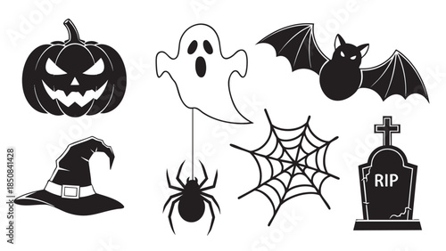 Halloween spooky icons collection featuring pumpkin ghost bat spider and graveyard