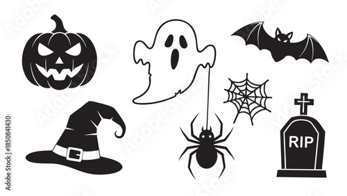 Halloween spooky icons collection with pumpkin ghost spider bat and tombstone