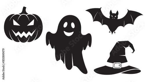 Halloween spooky pumpkin ghost bat and witch hat icons set