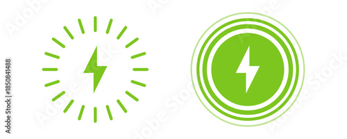 Wireless Charging Icon Set with Lightning Bolt and Energy Emission Designs