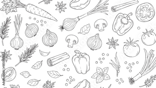 Illustration of Fresh Vegetables and Herbs on Transparent Background