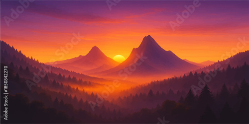 A breathtaking nature landscape of a snowy mountain peak at sunrise and sunset with a misty horizon under a blue sky at dawn and dusk