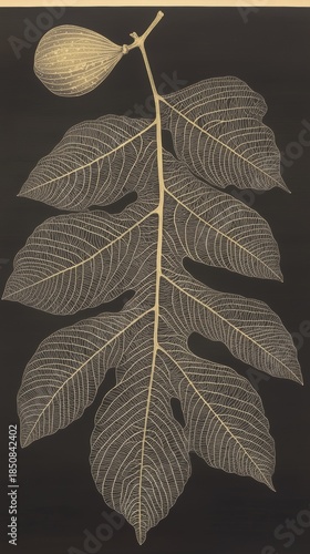 Silhouette of Fig Leaf and Bud on Chalky Dark Backdrop