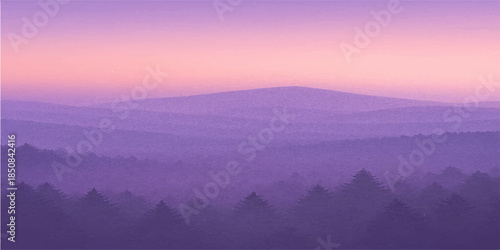 A breathtaking panorama of the misty mountain valley at dawn shows a golden sunrise over the peaks with clouds and forest trees glowing under a blue morning sky