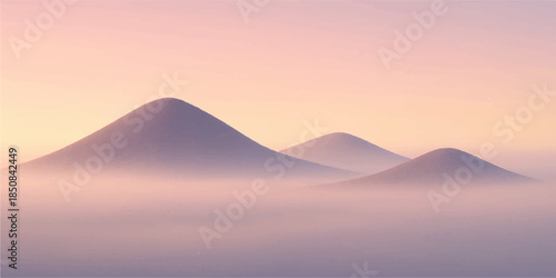 Vector illustration of a sunset over the pyramids of Giza in the Egyptian desert with orange clouds and sand dunes under a bright summer sky
