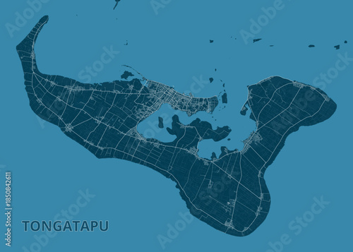 Map of Tongatapu Island. The map is rendered in a monochromatic teal color scheme, with the island itself and surrounding water depicted in varying shades of teal.