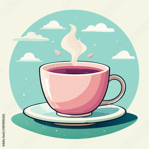 Pink teacup with hot beverage on saucer against a sky background.
