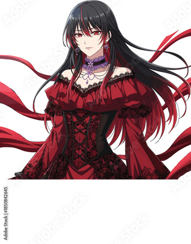 Vector Illustration of a Beautiful Anime Girl with Long Black Hair Wearing a Red and Black Gothic Dress